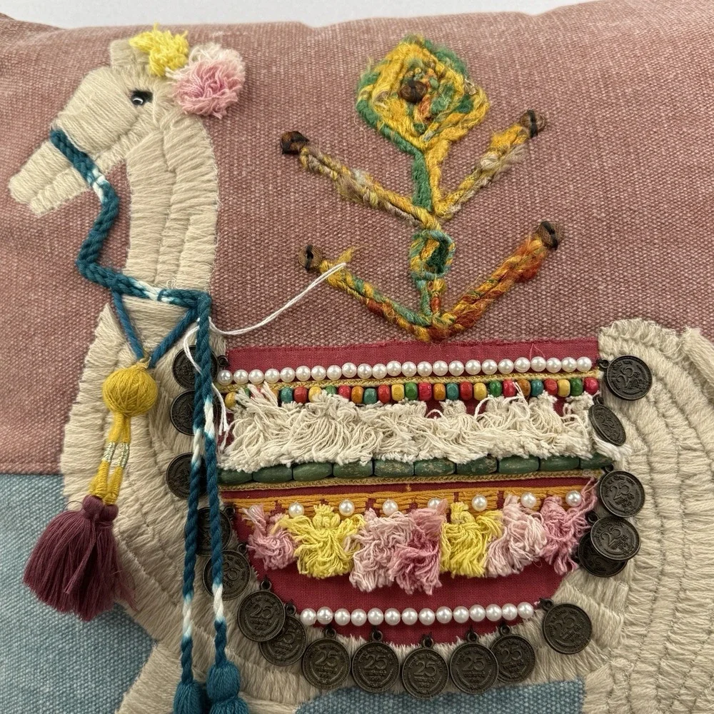 Eastern Escape World Traveler, BOHO Embroidered Llama Pillow With Tassels.